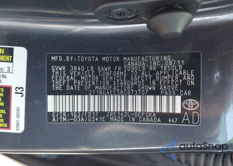 2011 Toyota Corolla S from USA, damaged, VIN 2T1BU4EE5BC673707